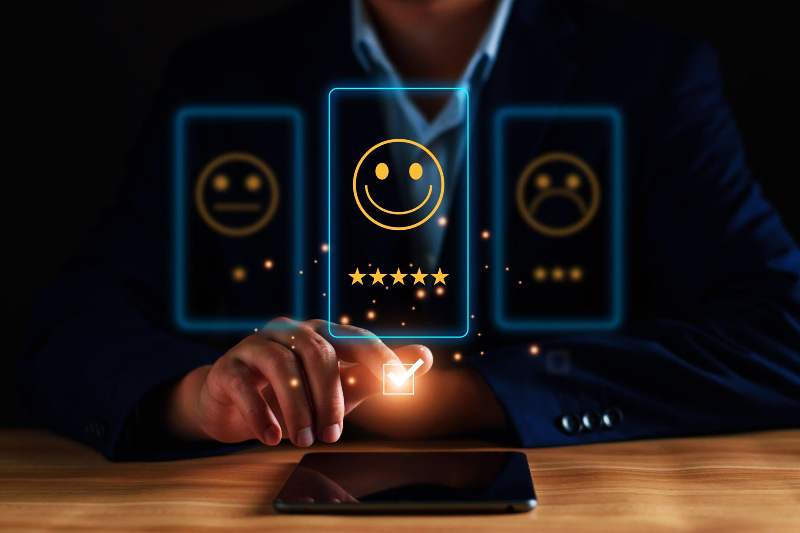 Customer service and Satisfaction ,business man giving Feedback satisfaction. Positive Review. Client Satisfaction Surveys, good, happy mood, smile, best product and service. Excellence guarantee